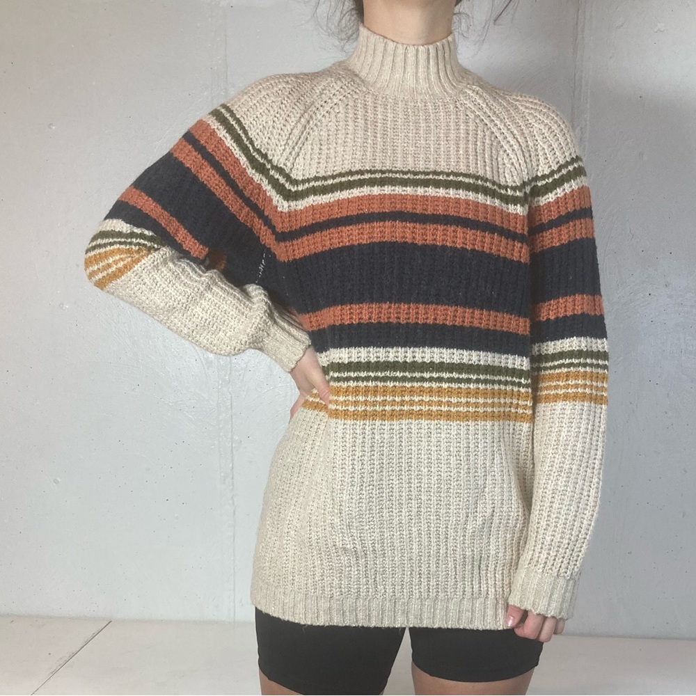 Striped Cream Knit Striped Preppy Turtleneck Sweater